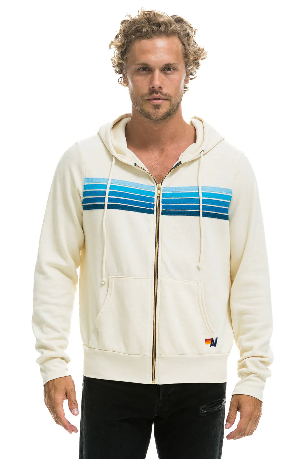 Aviator Nation Unisex 5 Stripe Hoodie - Vintage White / Blue