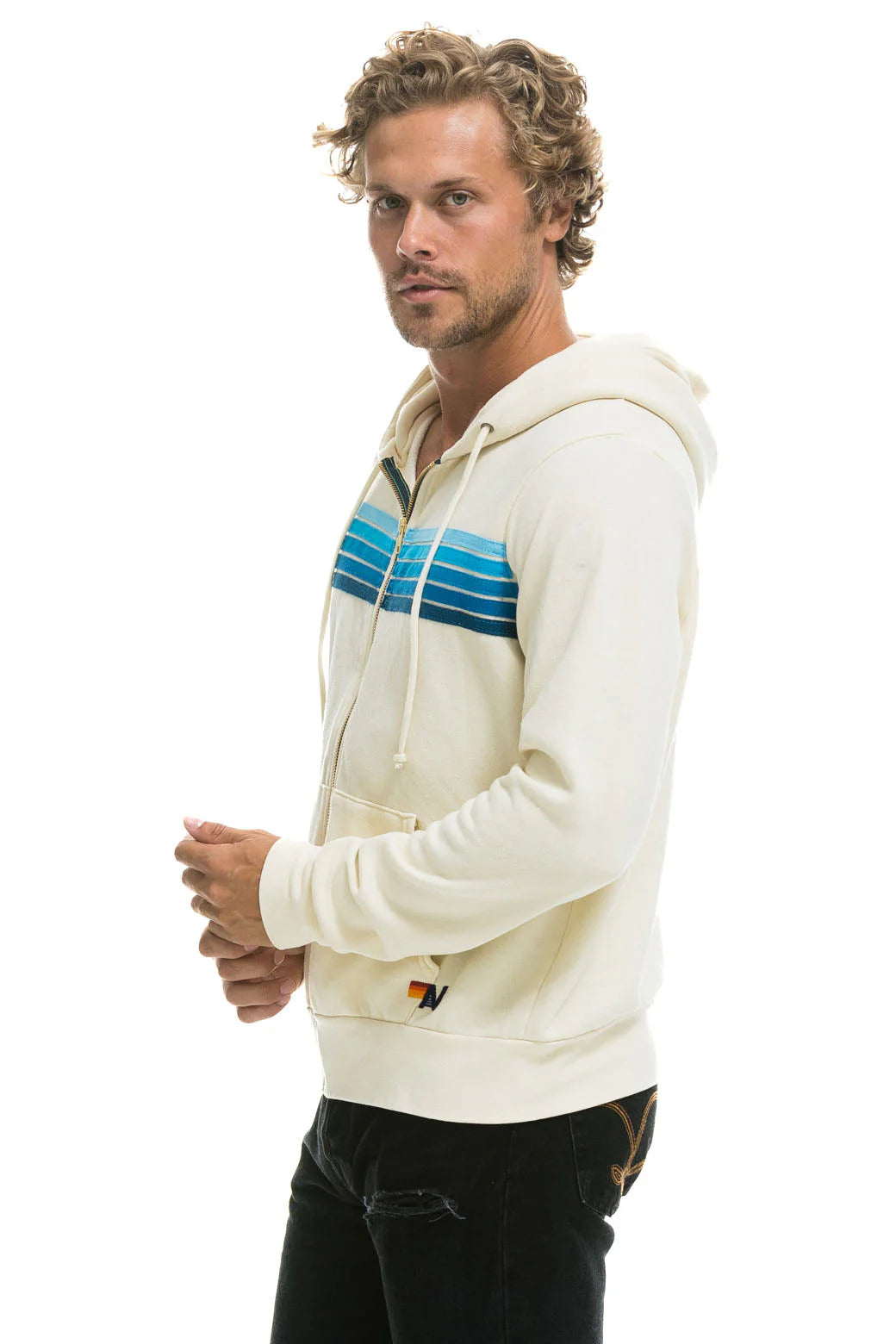Aviator Nation Unisex 5 Stripe Hoodie - Vintage White / Blue