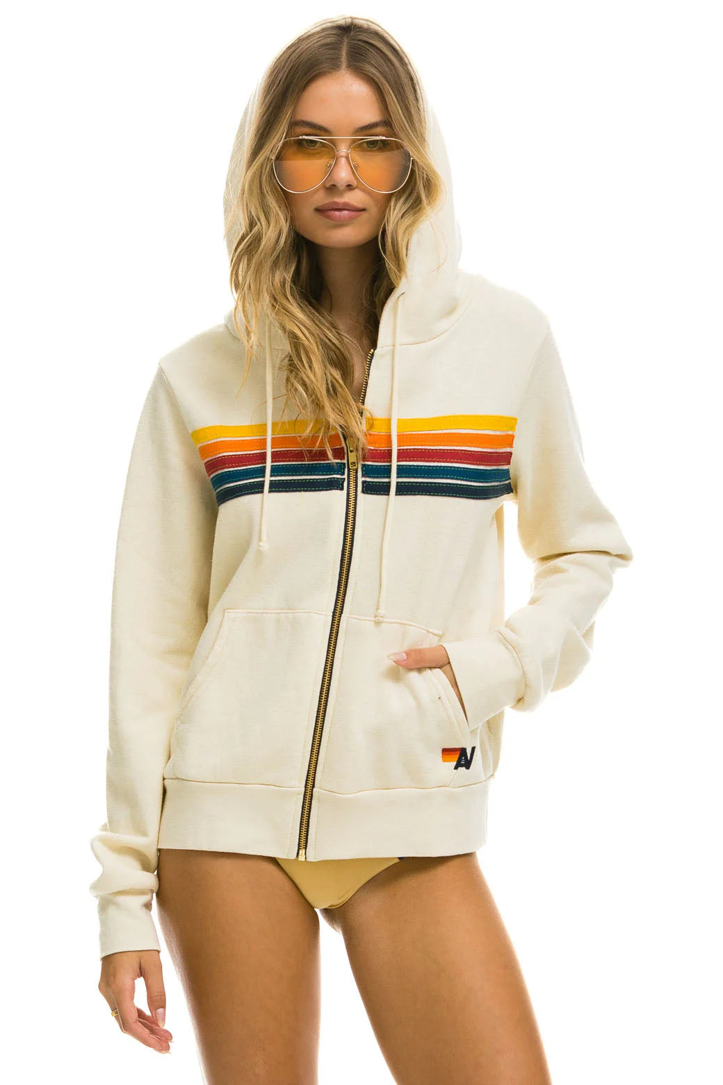 Aviator Nation Unisex 5 Stripe Hoodie - Vintage White