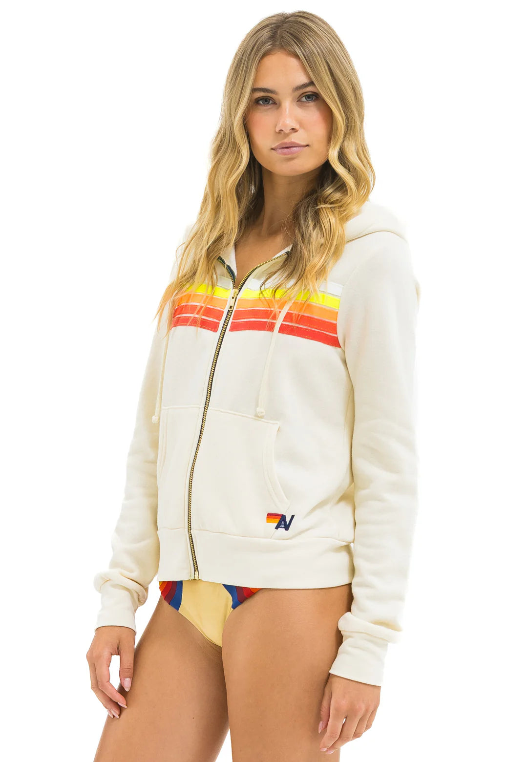 Aviator Nation Unisex 5 Stripe Hoodie - Vintage White / White Neon