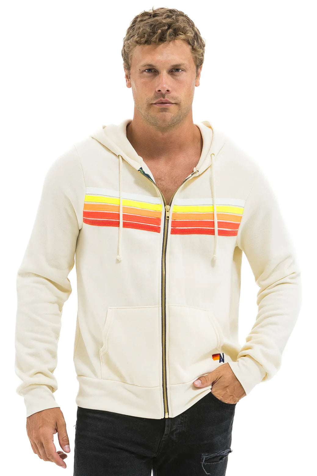 Aviator Nation Unisex 5 Stripe Hoodie - Vintage White / White Neon