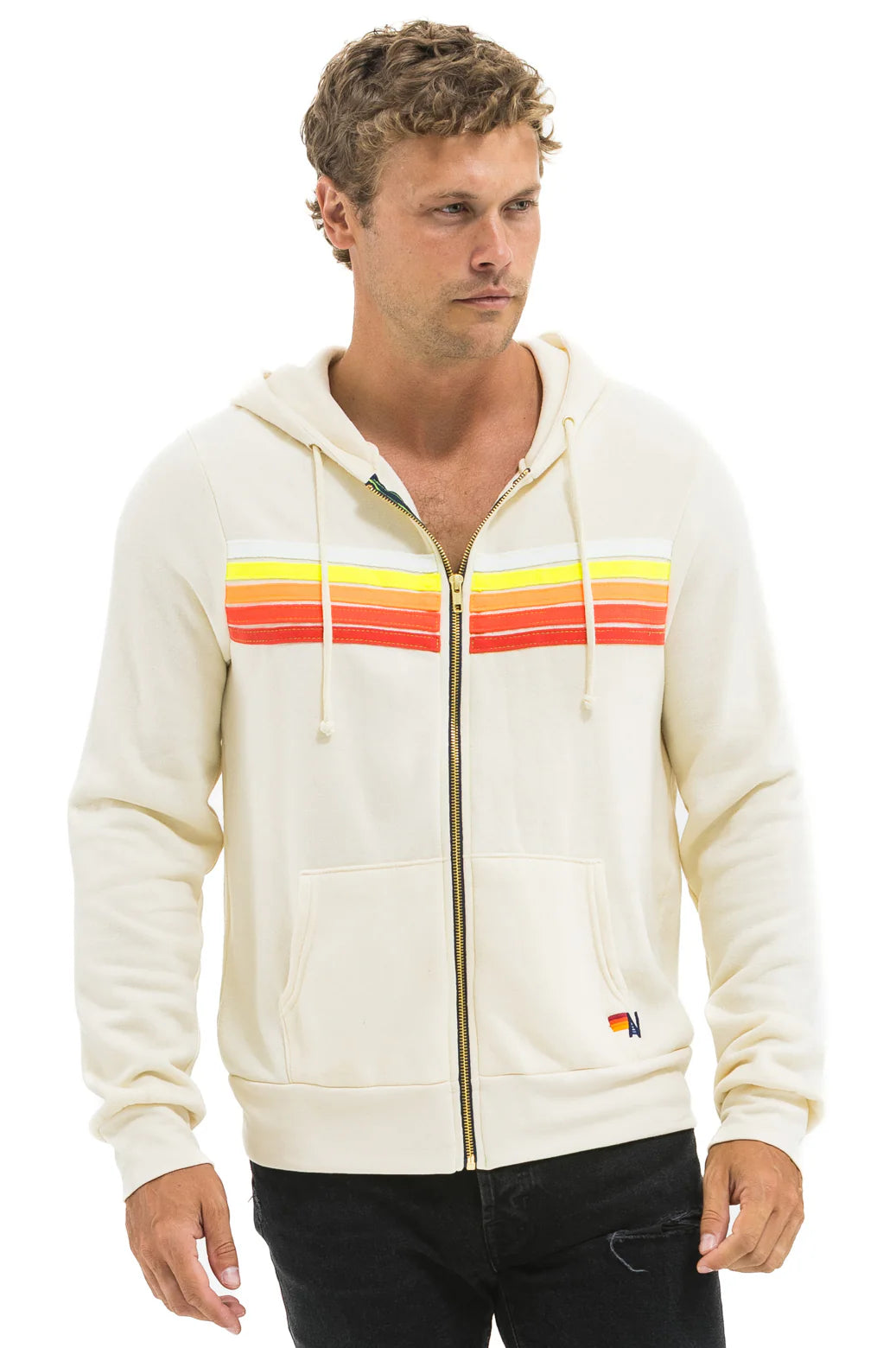 Aviator Nation Unisex 5 Stripe Hoodie - Vintage White / White Neon