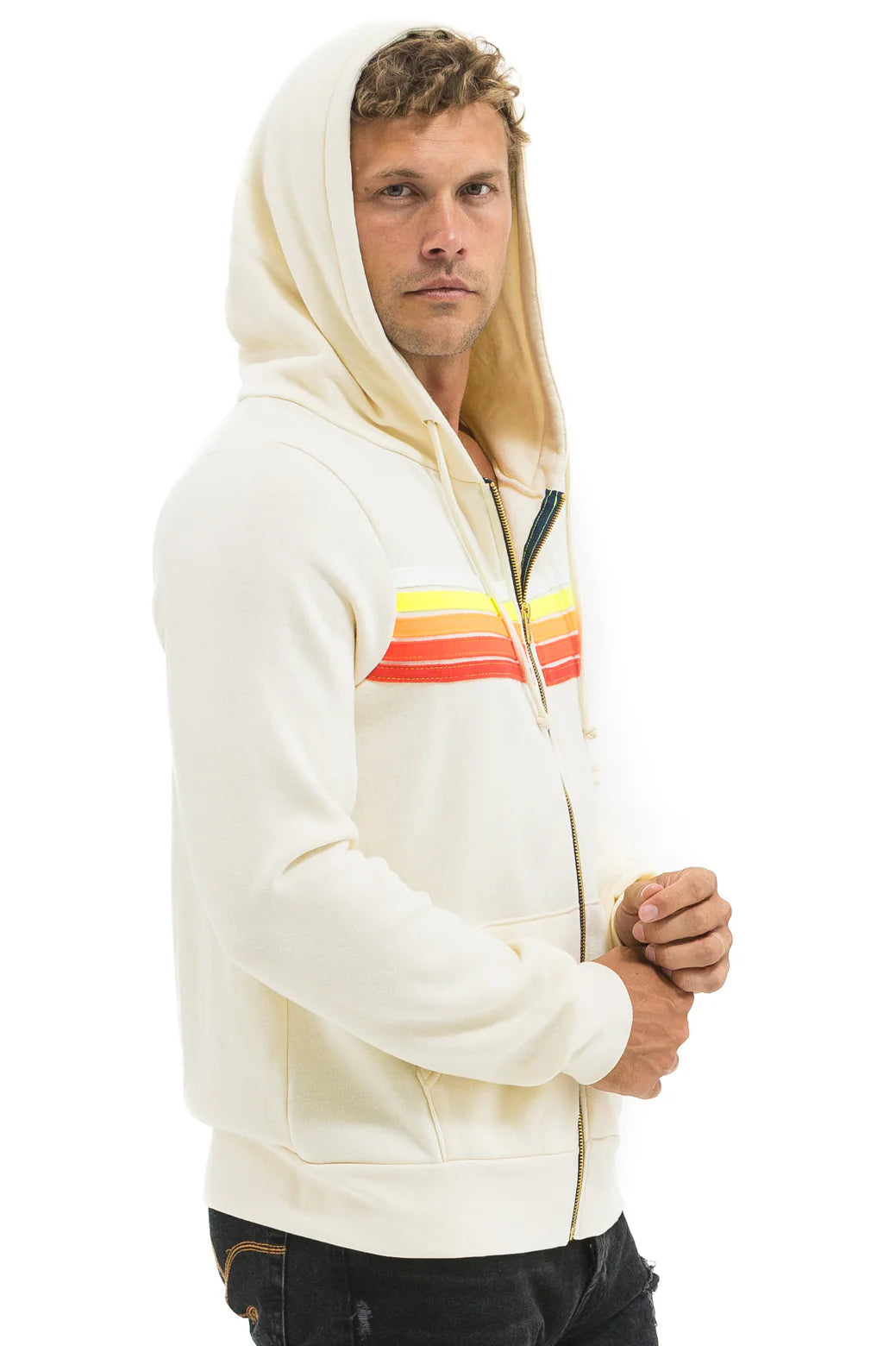 Aviator Nation Unisex 5 Stripe Hoodie - Vintage White / White Neon