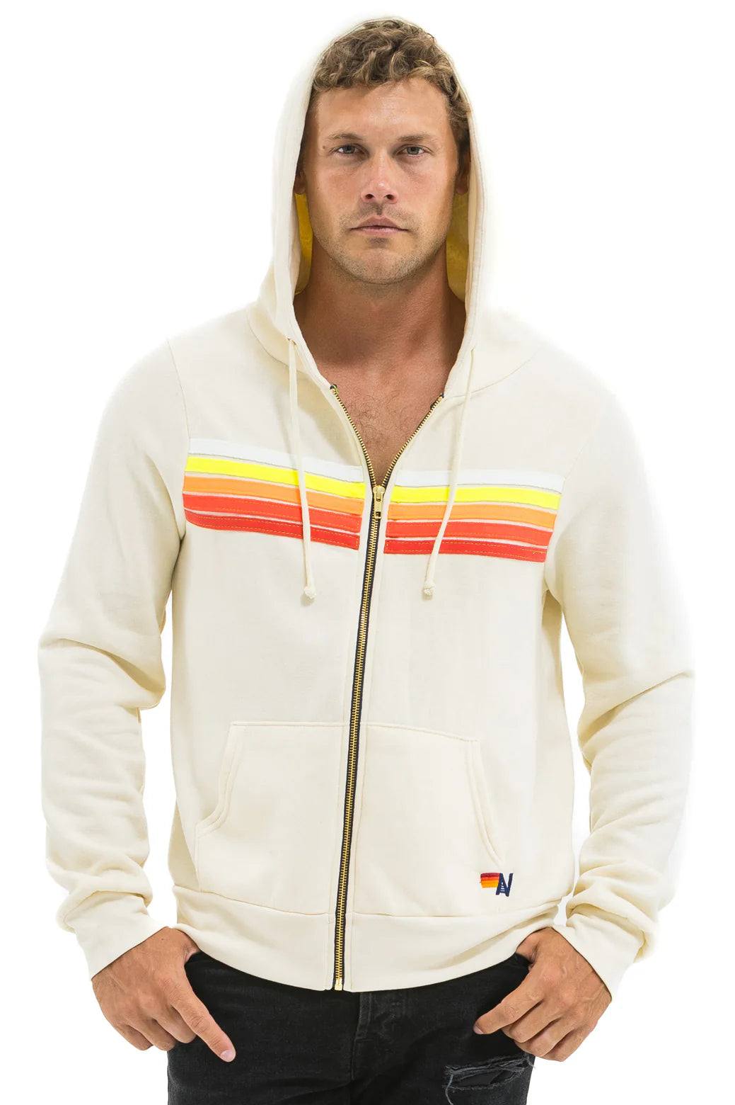 Aviator Nation Unisex 5 Stripe Hoodie - Vintage White / White Neon