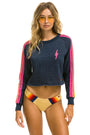 Aviator Nation Bolt Embroidery Classic Cropped Crew Sweatshirt - Heather Navy / Neon Stripes
