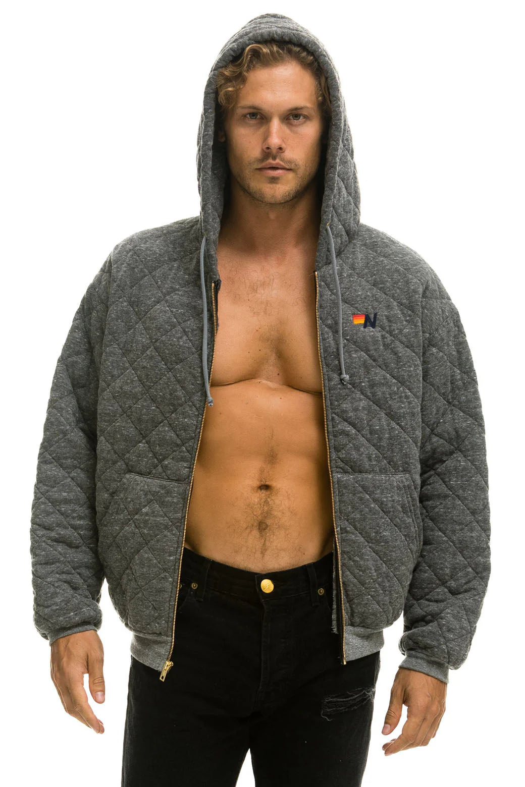 Aviator Nation Quilted Relaxed Zip Hoodie - Heather Grey