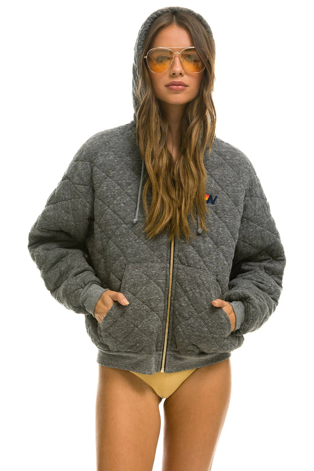 Aviator Nation Quilted Relaxed Zip Hoodie - Heather Grey